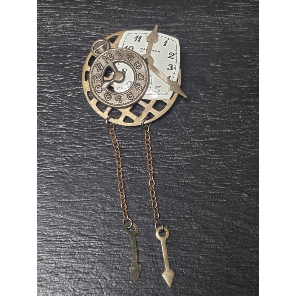 Waltham Watch Face Steampunk Brooch Pin Vintage Mixed Metal‎ Clock Gears Chain